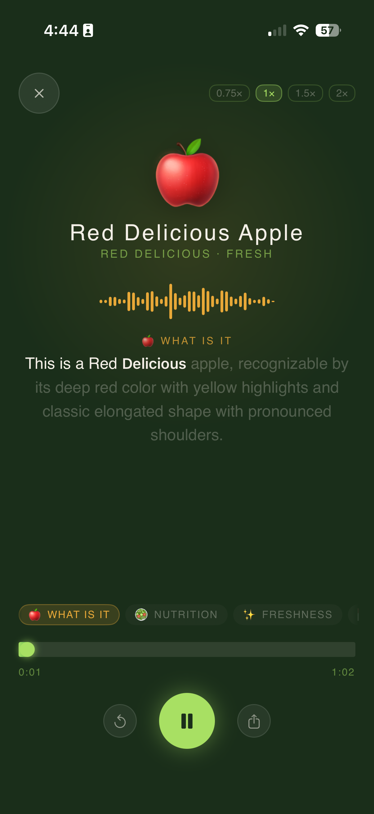 PluckFresh analyzing a Red Delicious Apple with AI audio breakdown