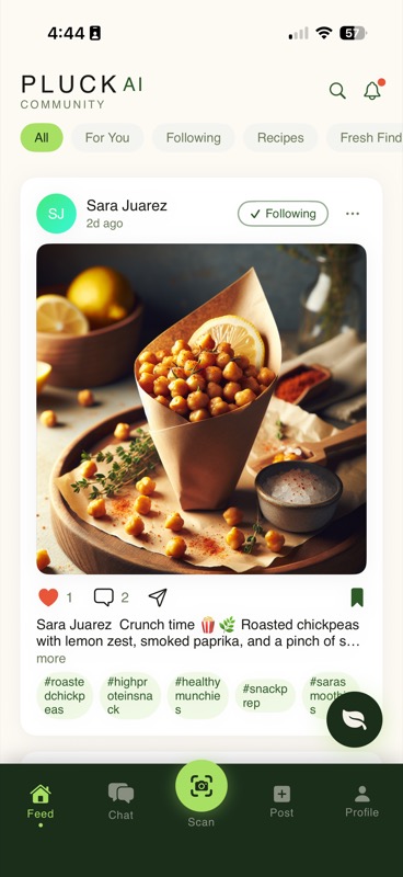 PluckAI community feed with recipe sharing