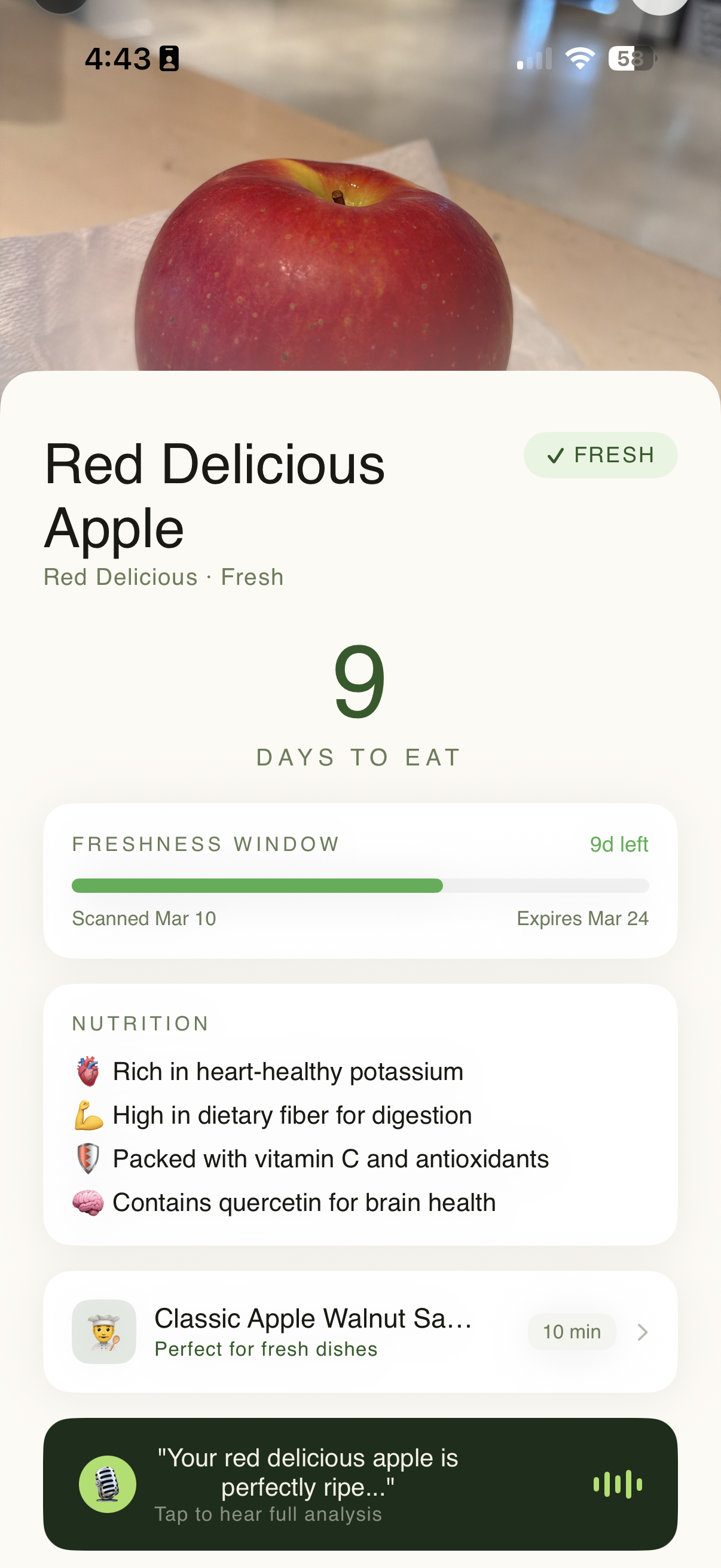 PluckFresh scan results showing freshness score, nutrition, and recipes