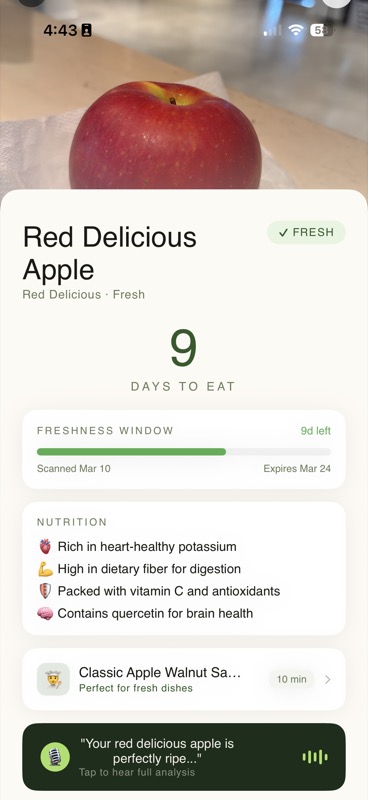 PluckAI scan results showing freshness analysis for Red Delicious Apple